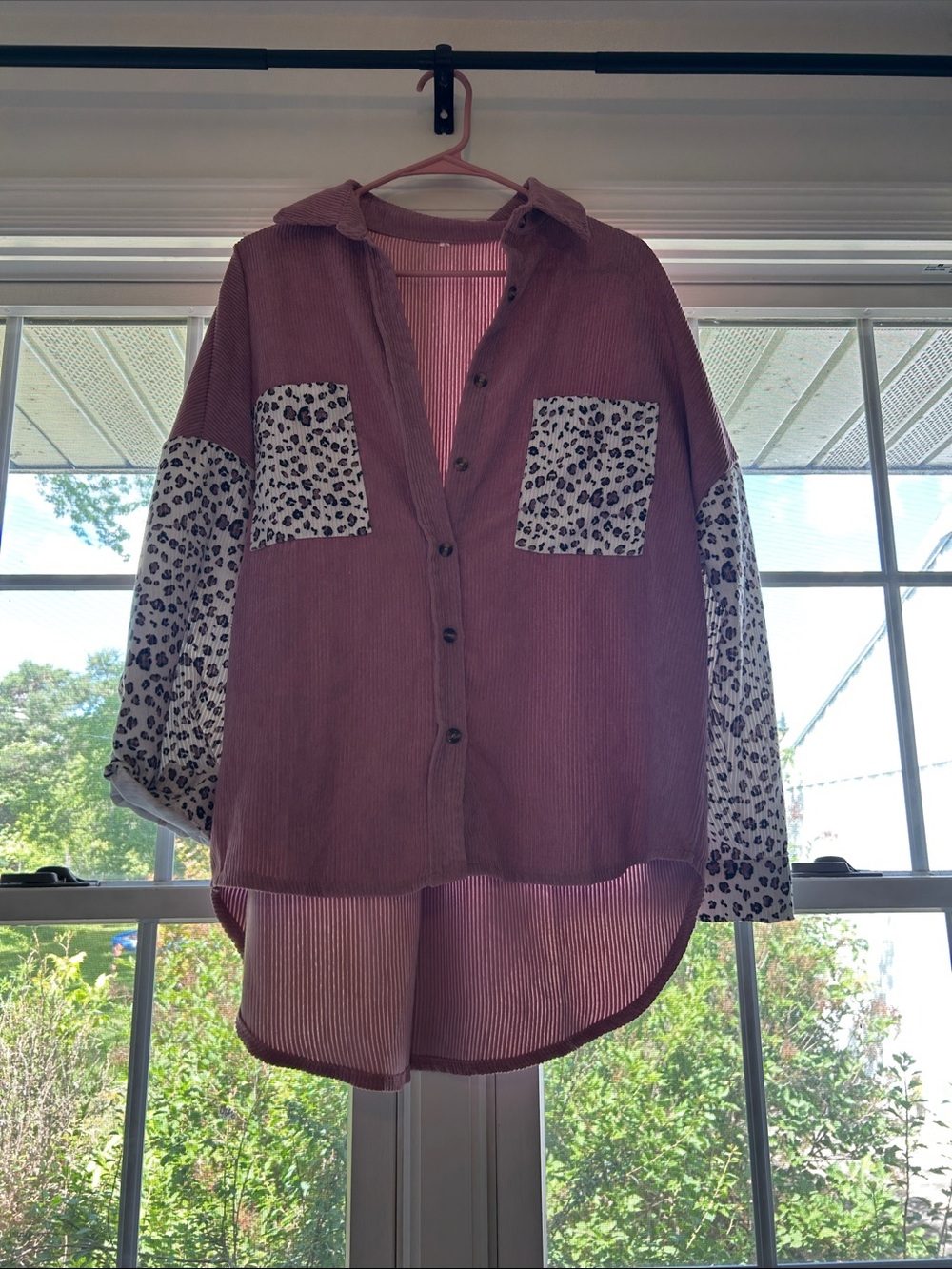 Mauve Corduroy Button-Up with Leopard Print Accents